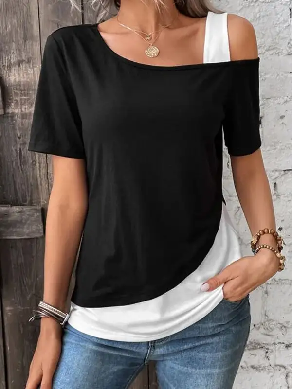 Relaxed Short Sleeve Asymmetric Contrast Panel Detail Cold Shoulder T-Shirt