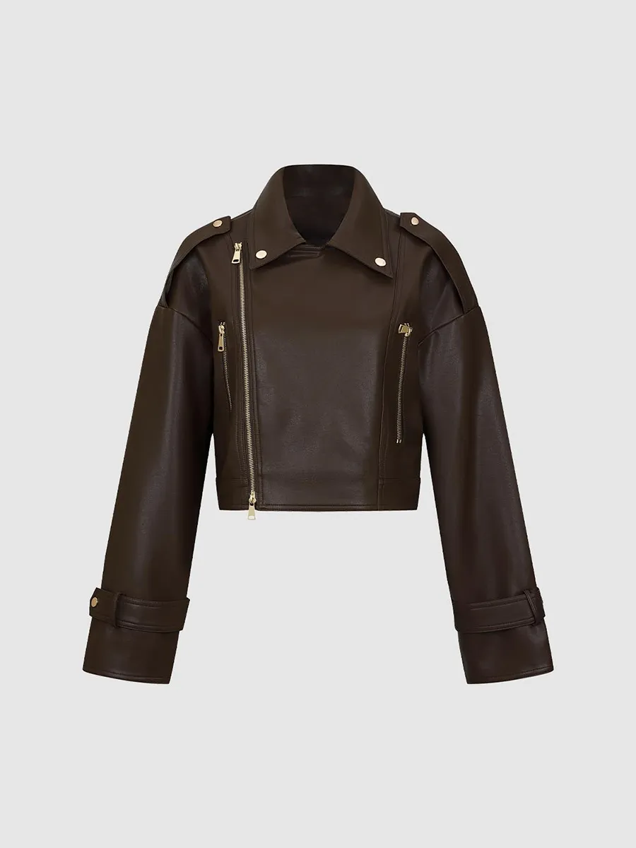 A Short Brown Loose Lapel Retro-Style Leather Jacket For Women