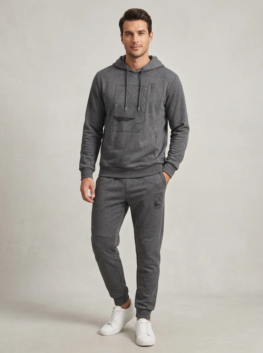 Men's Outdoor Hiking Topographic Printed Hoodie Jogger Set