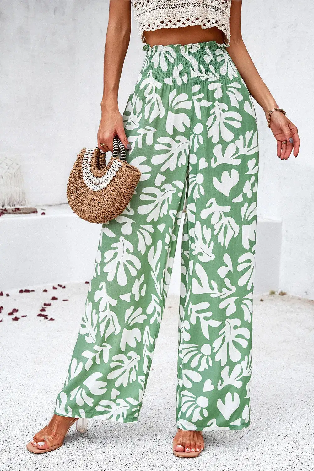 Textured Smocked Wide Leg Pants