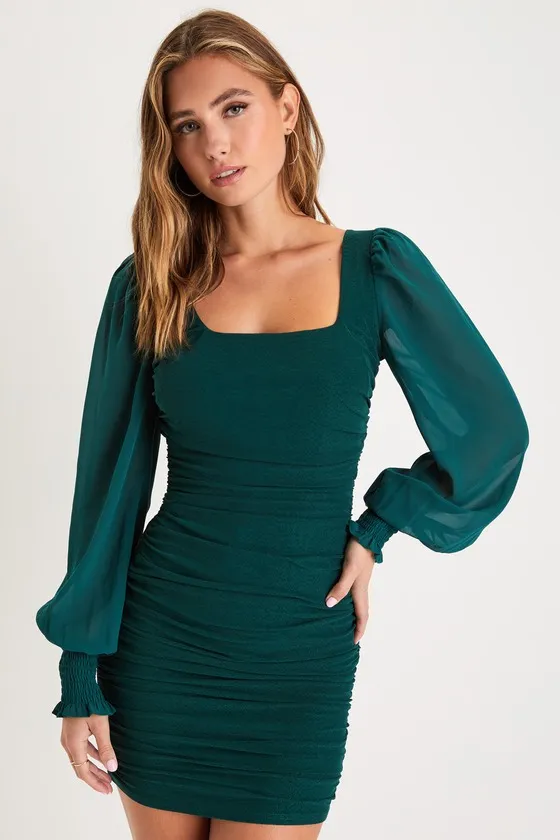 Perfect Sensation Dark Green Mesh Ruched Puff Sleeve Mini Dress