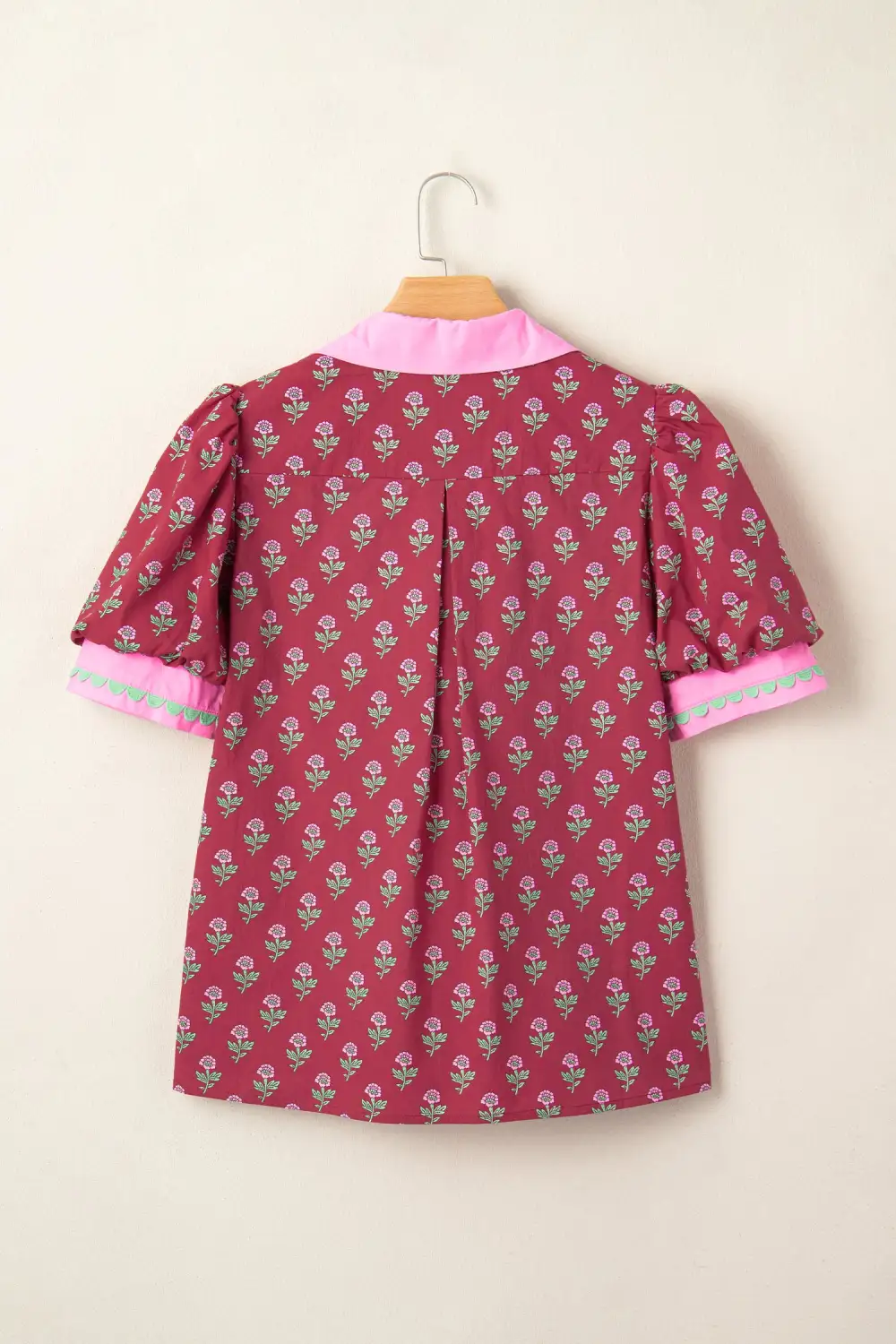 Red Contrast Collared V Neck Ricrac Trim Short Puff Sleeve Flower Blouse
