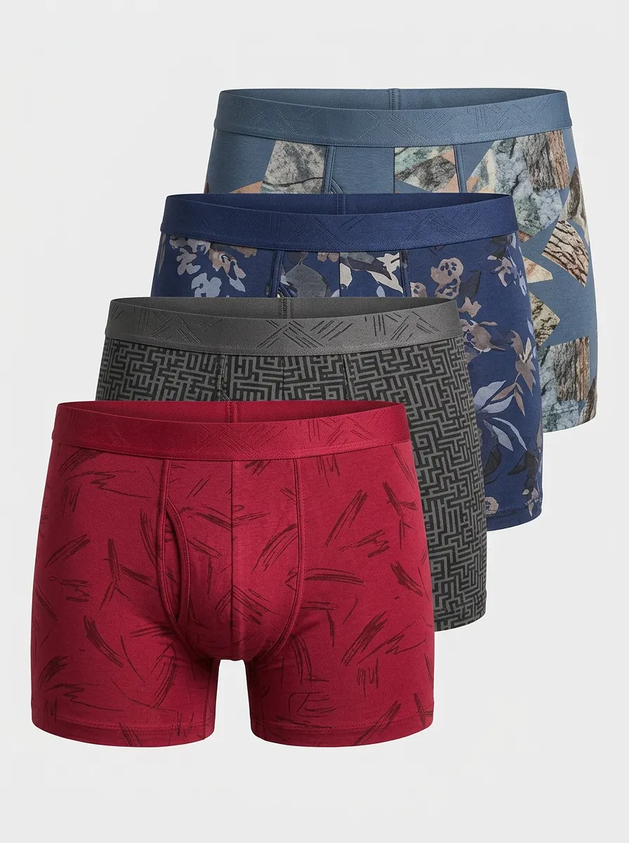 Versatile Geometric Floral Printed Silhouette Men's Four Pack Boxer Briefs