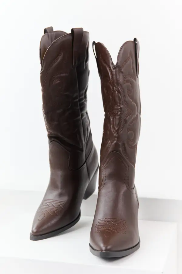 Chocolate Faux Leather Embroidered Cowboy Boots