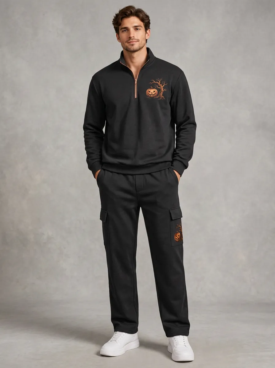 Men's Pumpkin-Tree Quarter-Zip-Pullover & Cargo-Joggers Two-Piece Set