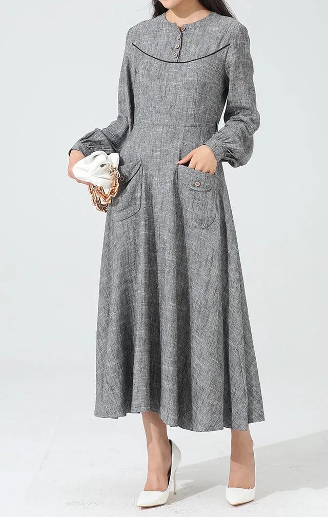 Classic Linen Cotton A Line Long Sleeve Maxi Dress
