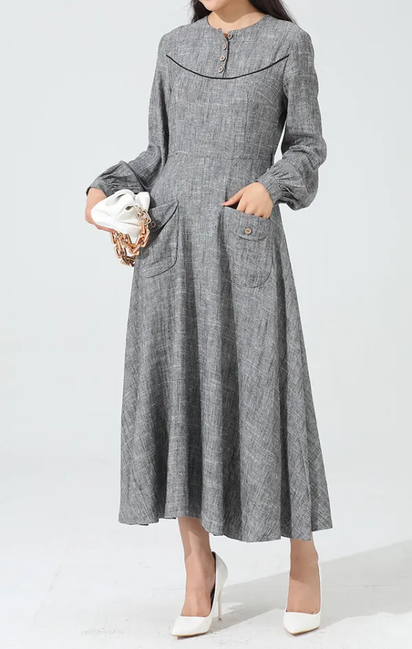 Classic Linen Cotton A Line Long Sleeve Maxi Dress