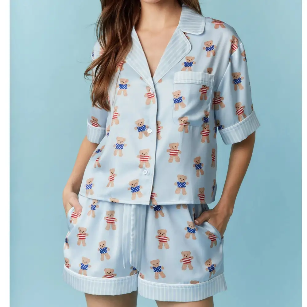 Bear Print V Neck Short Sleeve Top with Shorts Lounge Wear Set