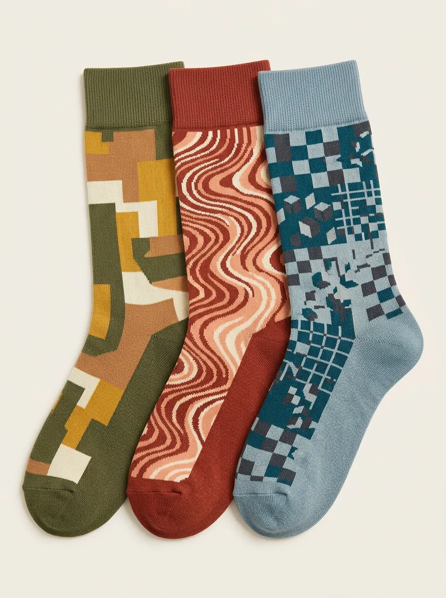Men's Geometric Wavy Checkered Pattern Print Set Pairs Unique 3-Pack Socks