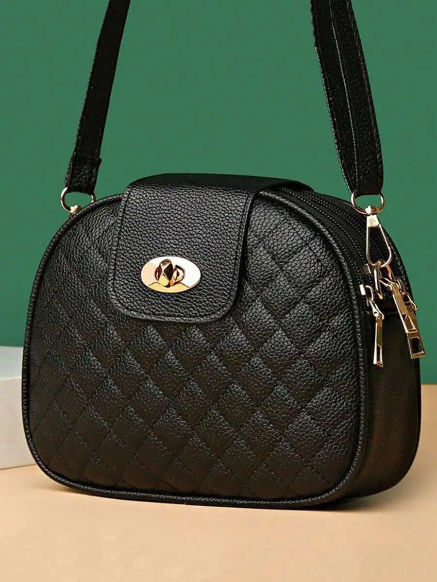 Mini Circle PU Handbag – Beaded Pearl & Geometric Plaid Design
