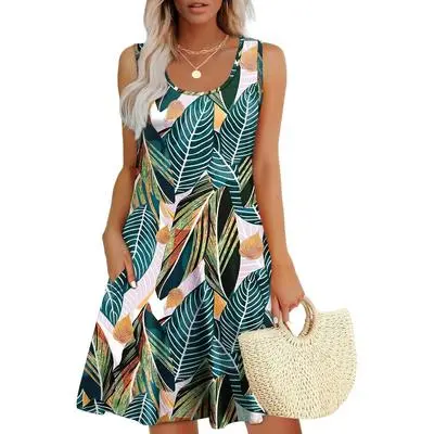 Womens Summer Dresses Loose U Neck Sleeveless Sundresses Dress with Pockets