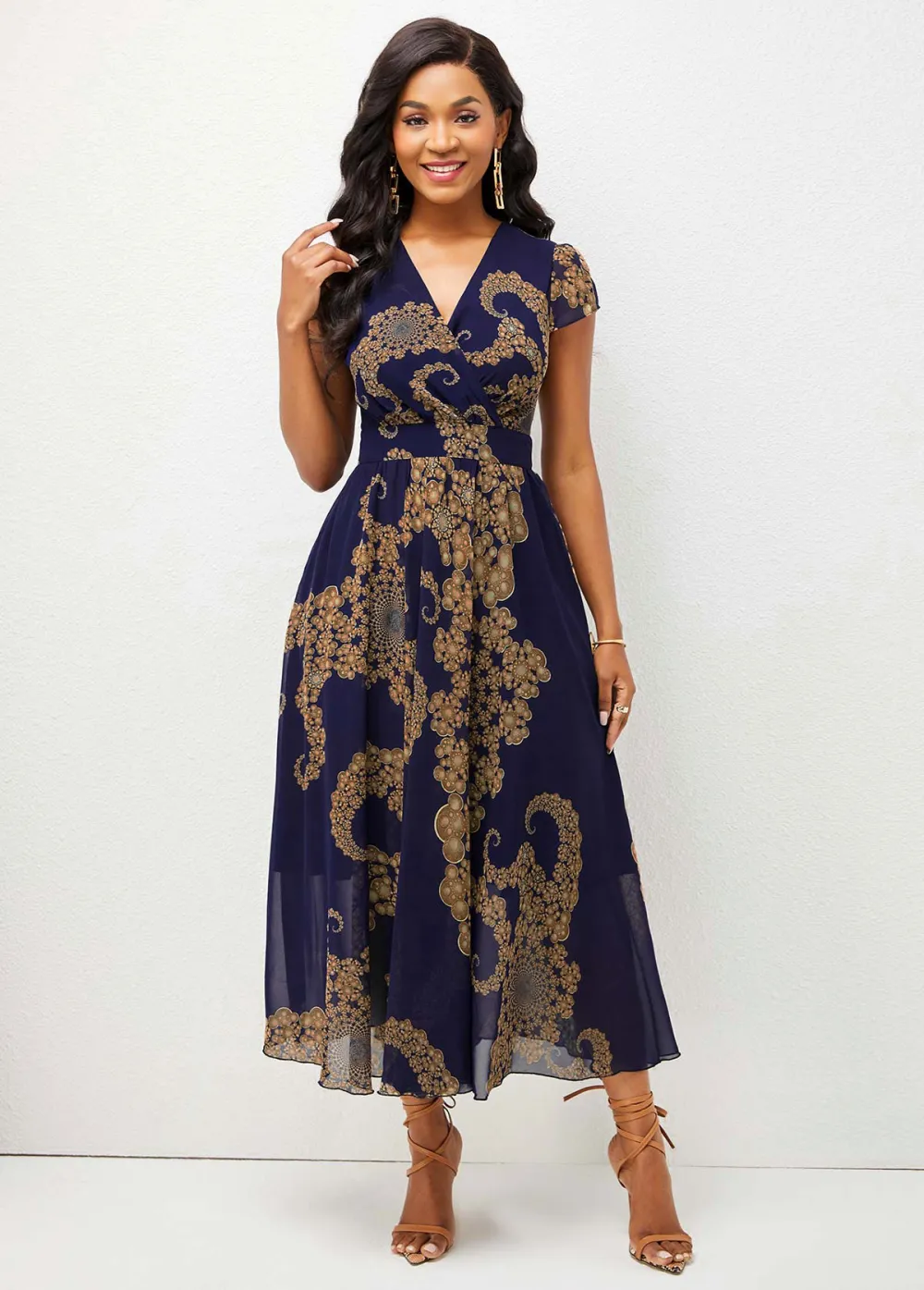 V Neck Tribal Print Short Sleeve Dress