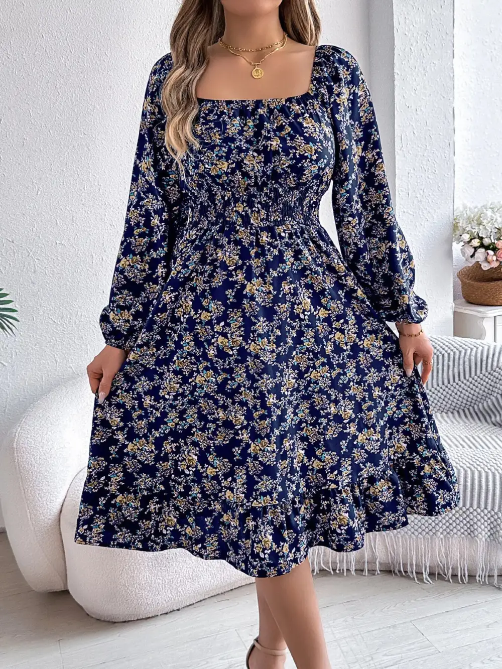 Floral Printed Square Neck Midi Dress