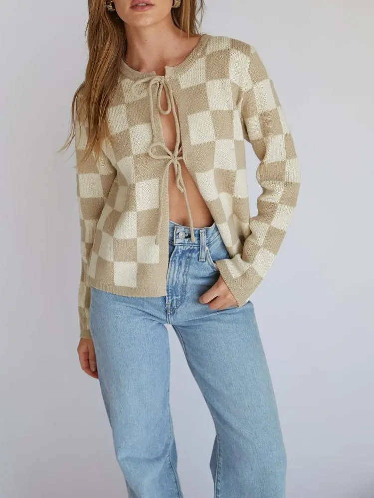 Checkered Knit Bow Cardigan