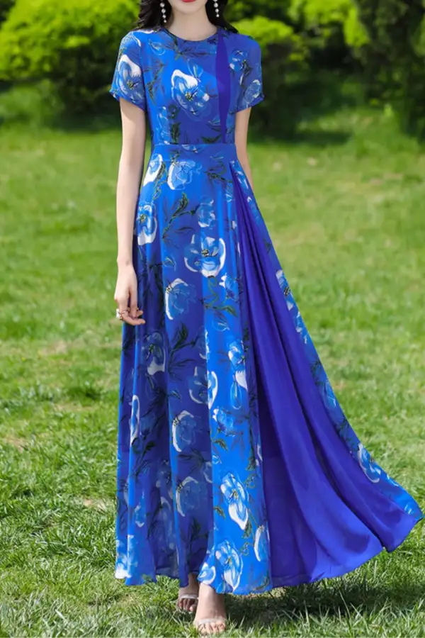 Modern Floral Chiffon Short Sleeve Maxi Dress