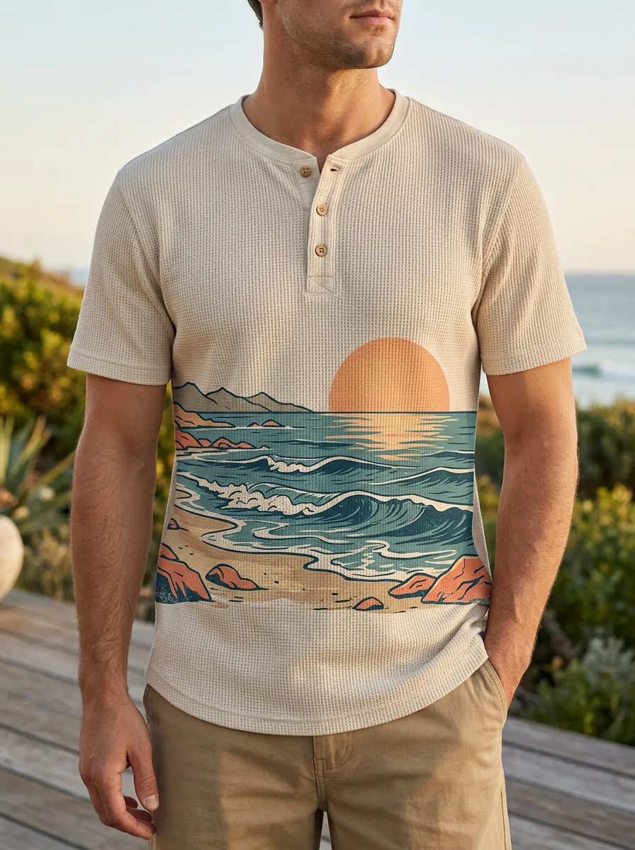 Men's Beach Lover Sunset Ocean Waves Printed Henley T-shirt