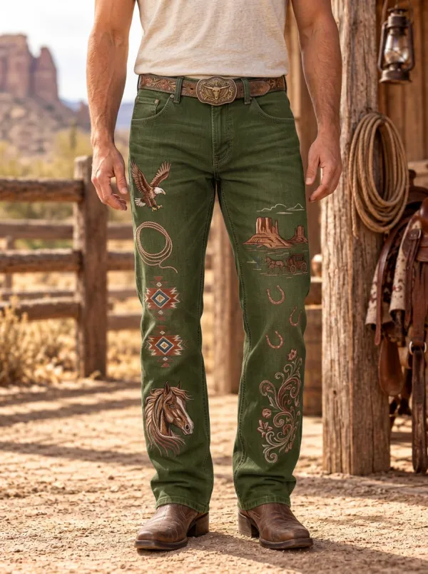 Men's Western Cowboy Eagle Horse Landscape Printed Jeans