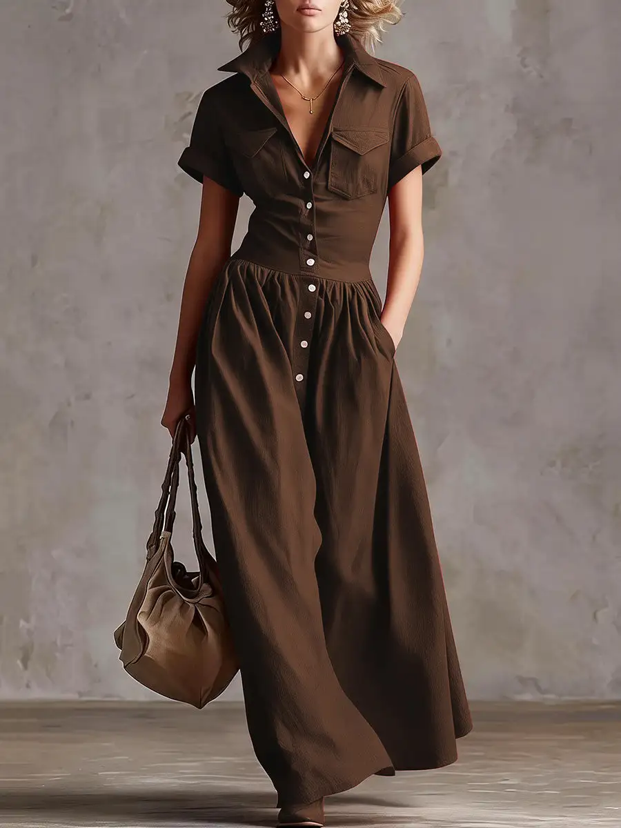 Waisted Pleated Buttoned Maxi Dress