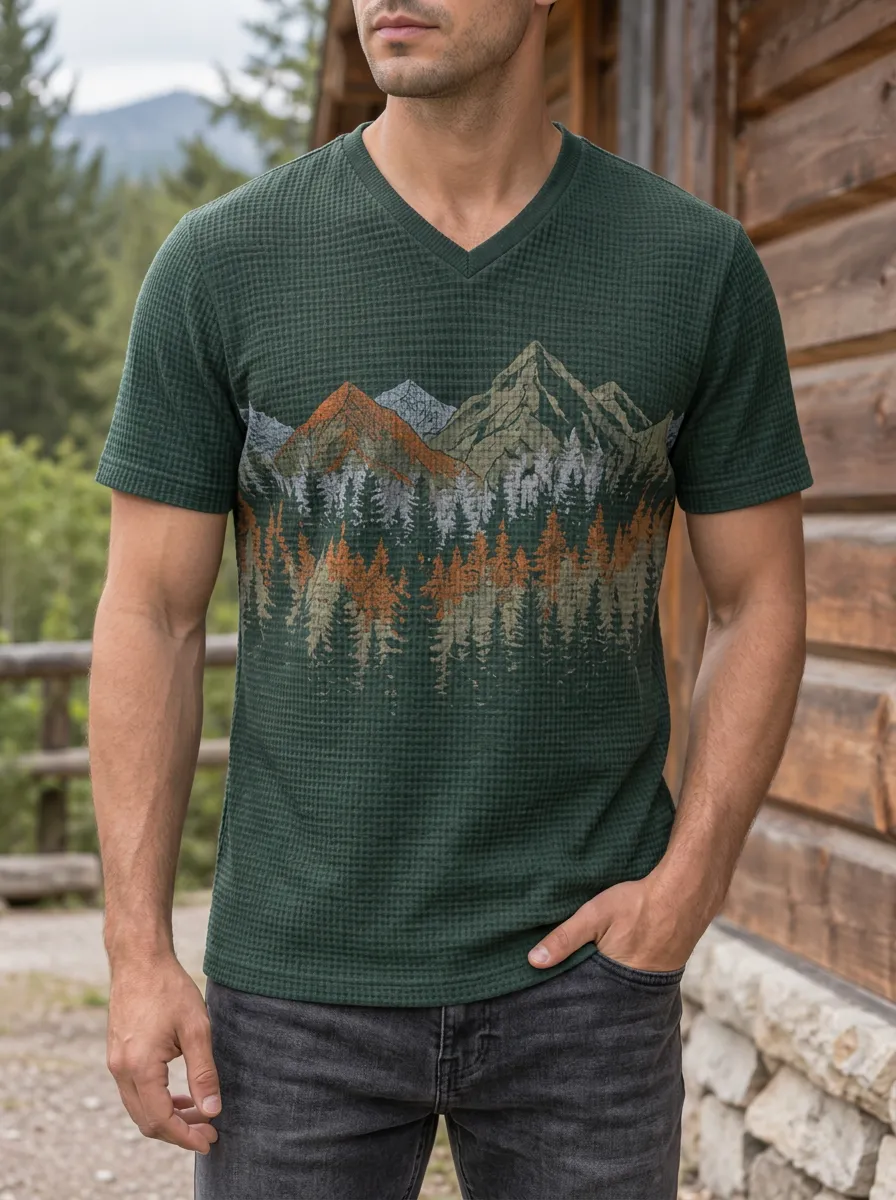 Men's Wilderness Nature Lover Mountain Forest Waffle V-Neck T-Shirt