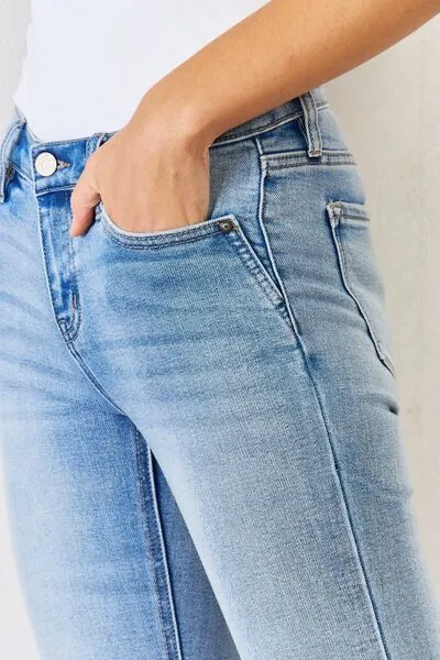 Soft Mid Rise Flare Leg Slit Denim Jeans