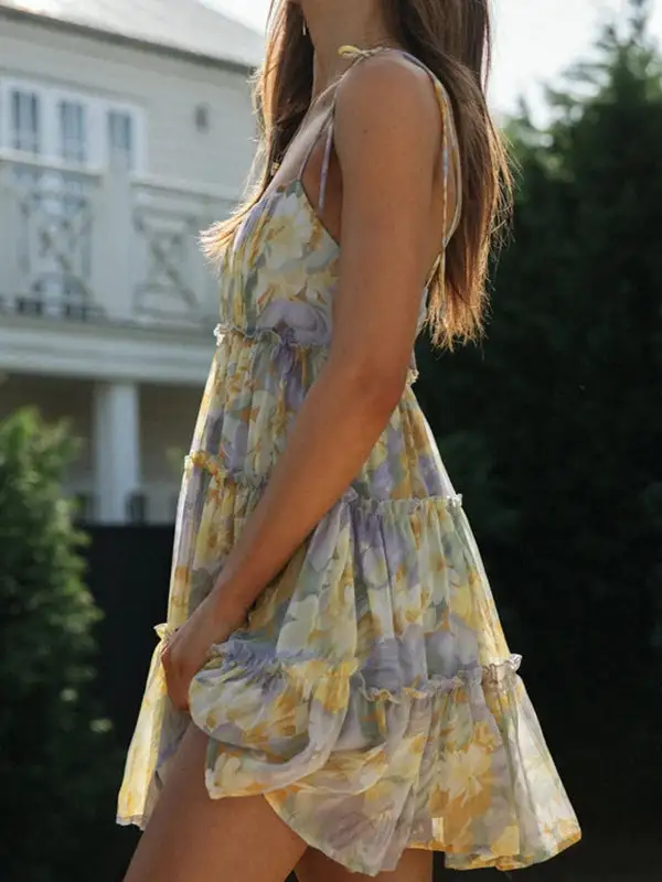A Line Relaxed Flower Print Layered Pleated Split Joint Tied Spaghetti