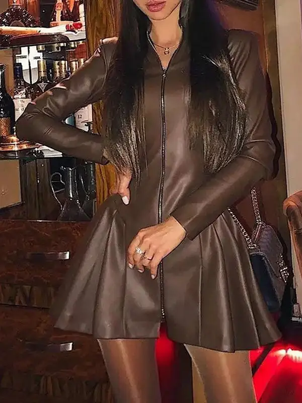 Long Sleeve Skinny Pleated Split Joint Zipper Stand Collar Mini Dress