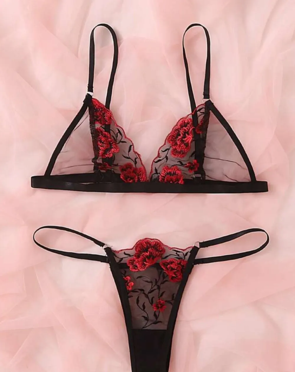 Embroidered Rose Lingerie Set