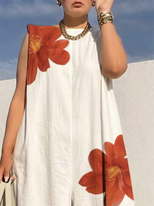 Losse Mouwloze Jumpsuits Met Ronde Hals En Bloemenprint