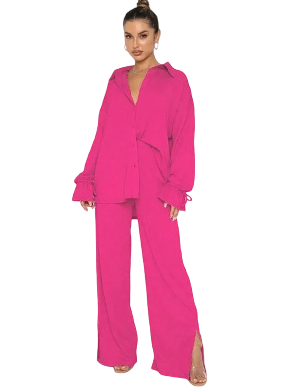 Women's Button-Front Shirt & Split-Hem Pants Set - Flounce Sleeve Top & Wide-Leg Trousers