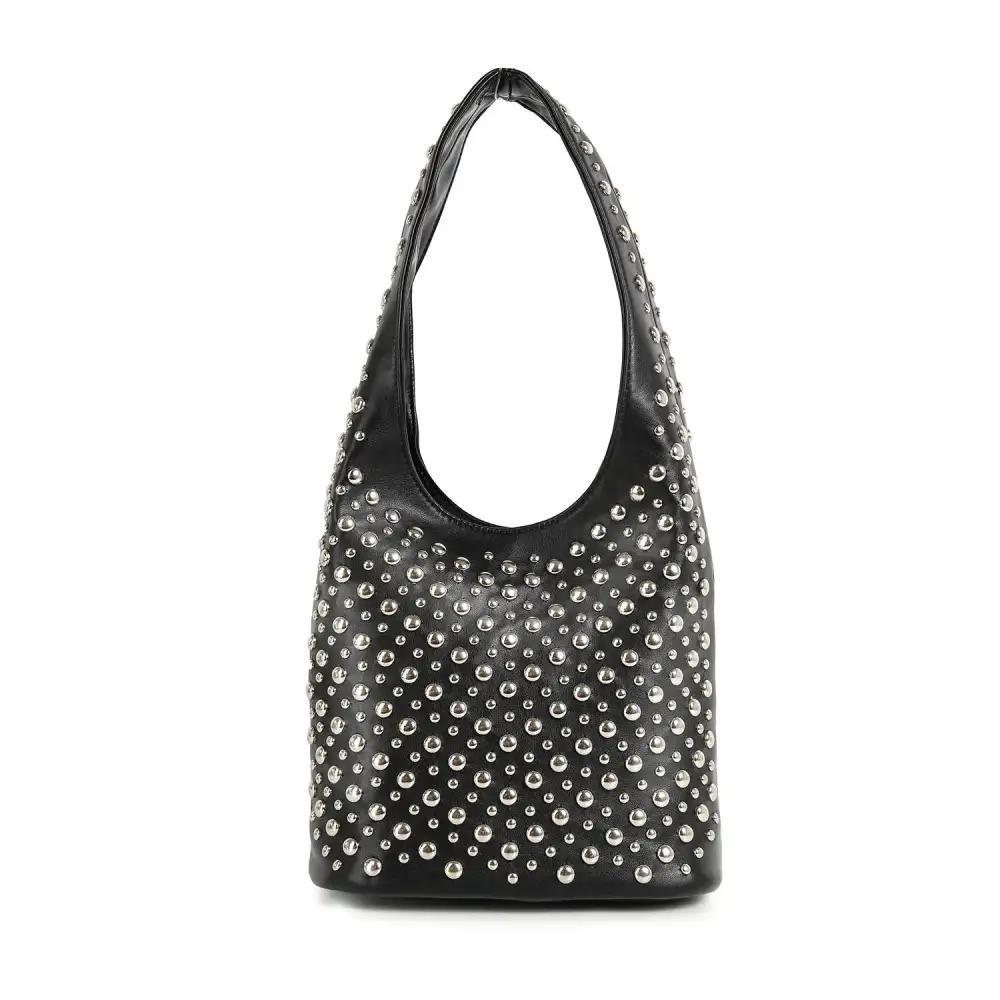 Classic Detail Studded Pocketed Faux Leather Hobo Shoulder Bag
