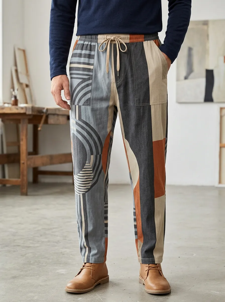 Men's Abstract Geometric Pattern Printed Drawstring Pants