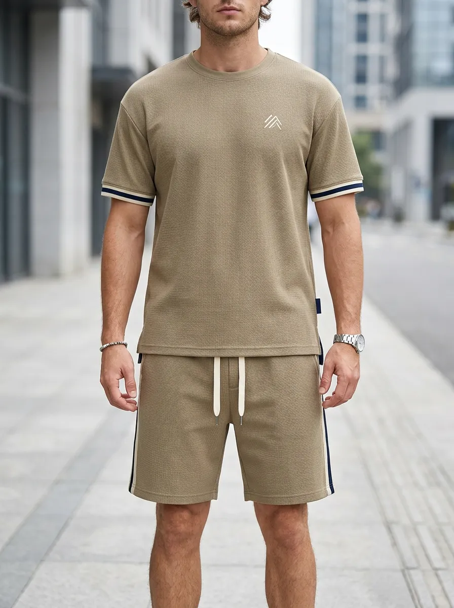 Casual Waffle Texture Profile Men's T-Shirt And Shorts Set