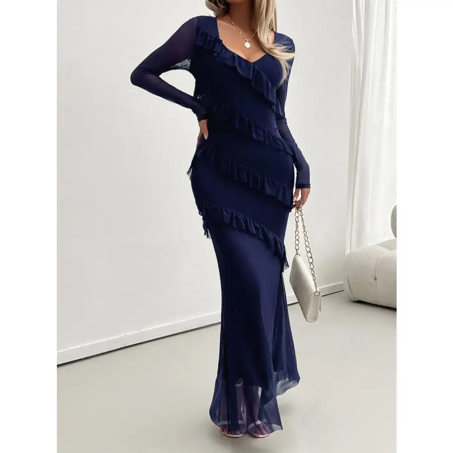 Devine Ruffled Surplice Long Sleeve Maxi Dress