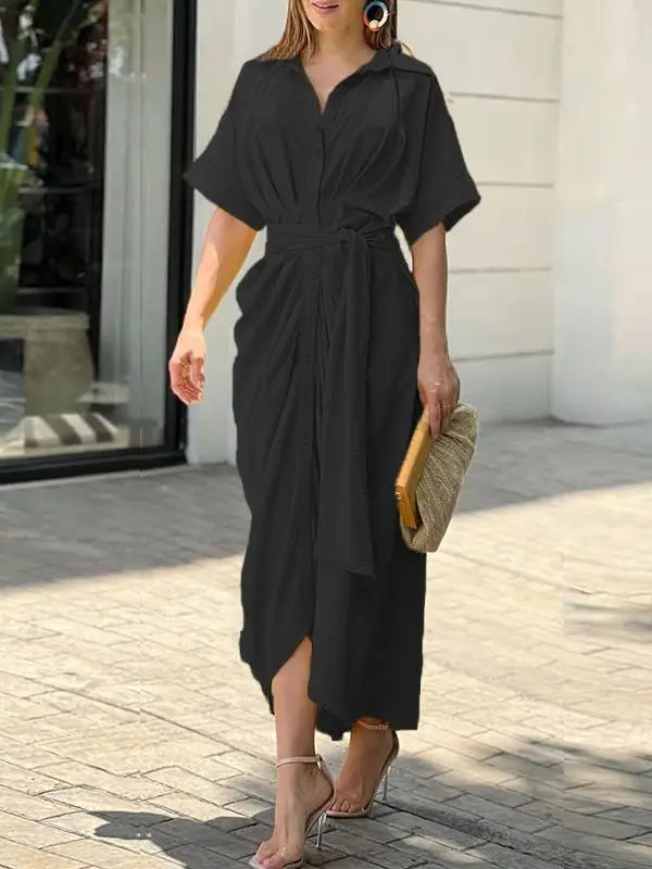 V Neck Pleated Belt Short Sleeve Midi Dress