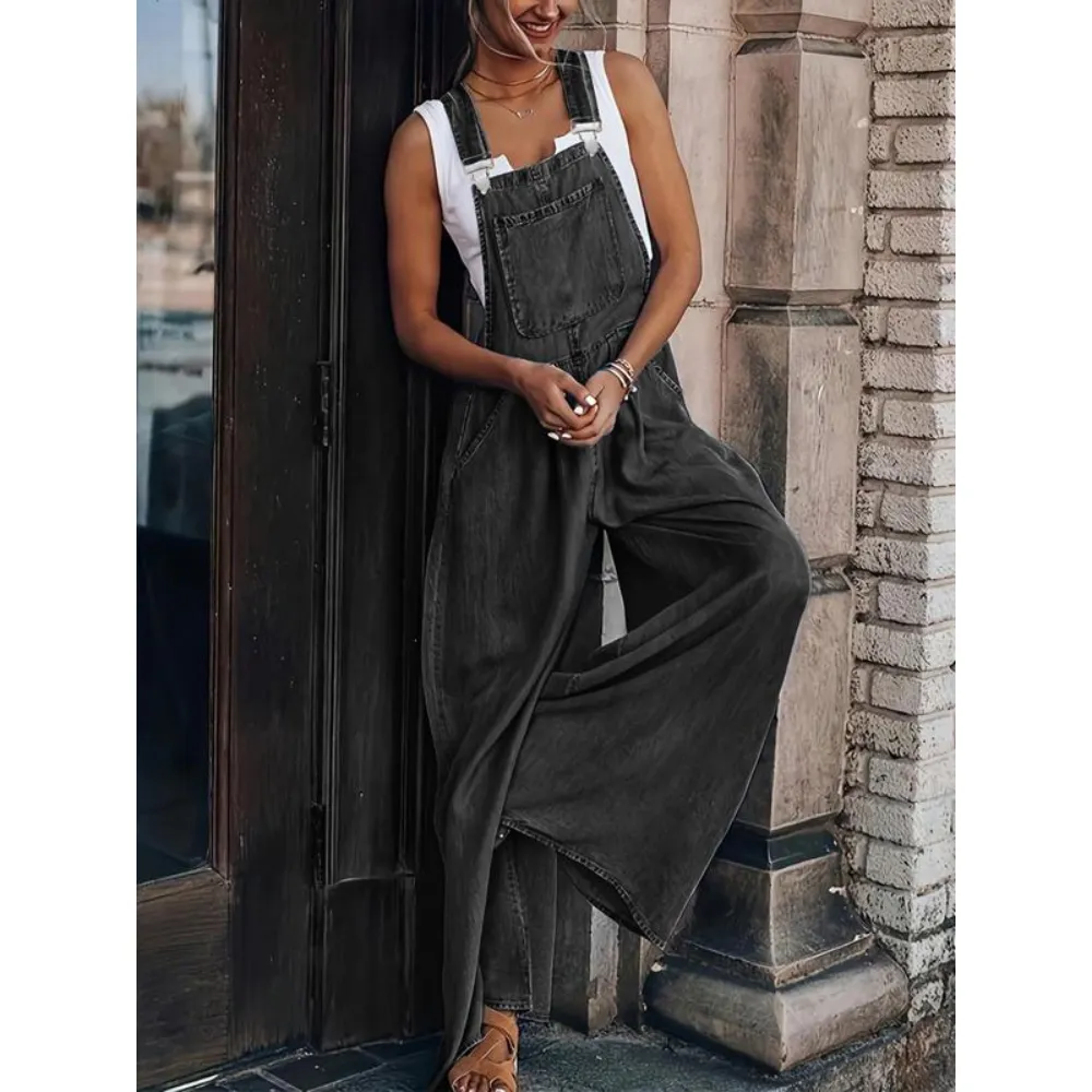 Women's Denim-Effect Print Plicated Wide Leg Overalls Jumpsuit