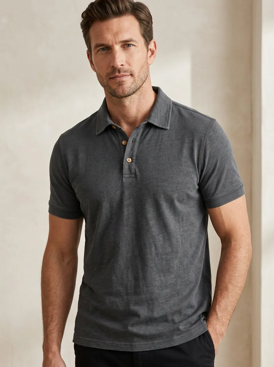 Men's Vintage Washed Charcoal Solid Printed Polo Shirt