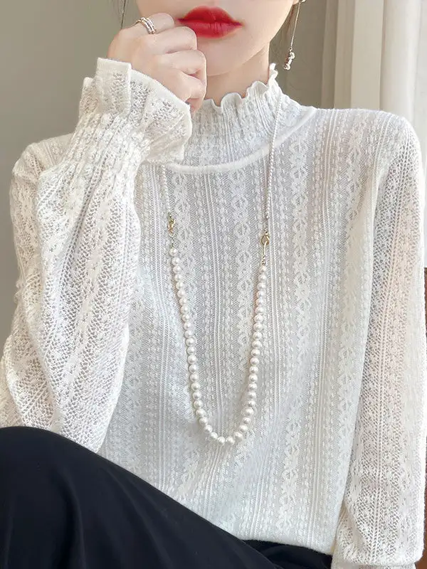 Long Sleeve Relaxed Elasticity Ruffle Trim Mock Neck T-Shirt