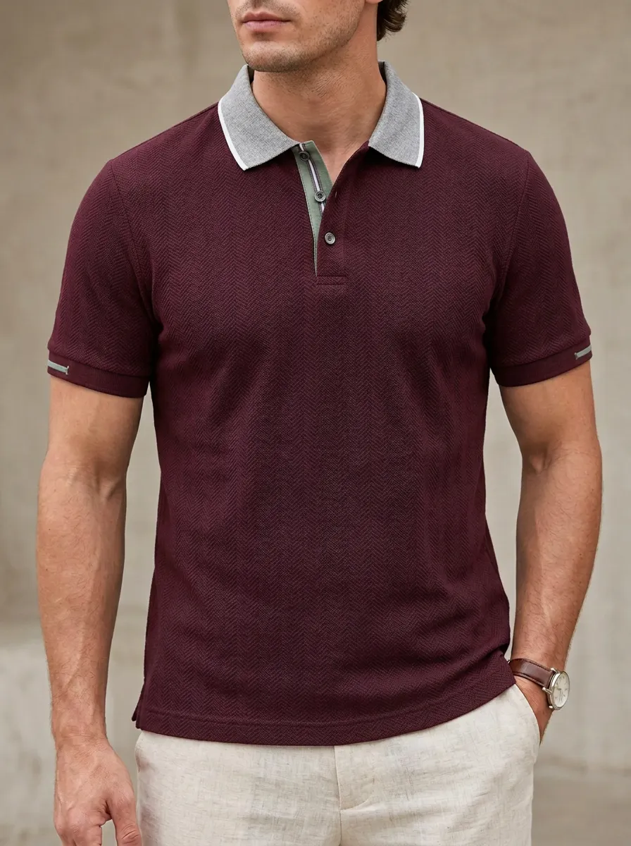 Men's Herringbone Texture Contrast-Collar Pattern Polo Shirt
