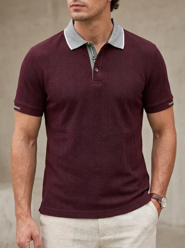 Men's Herringbone Texture Contrast-Collar Pattern Polo Shirt