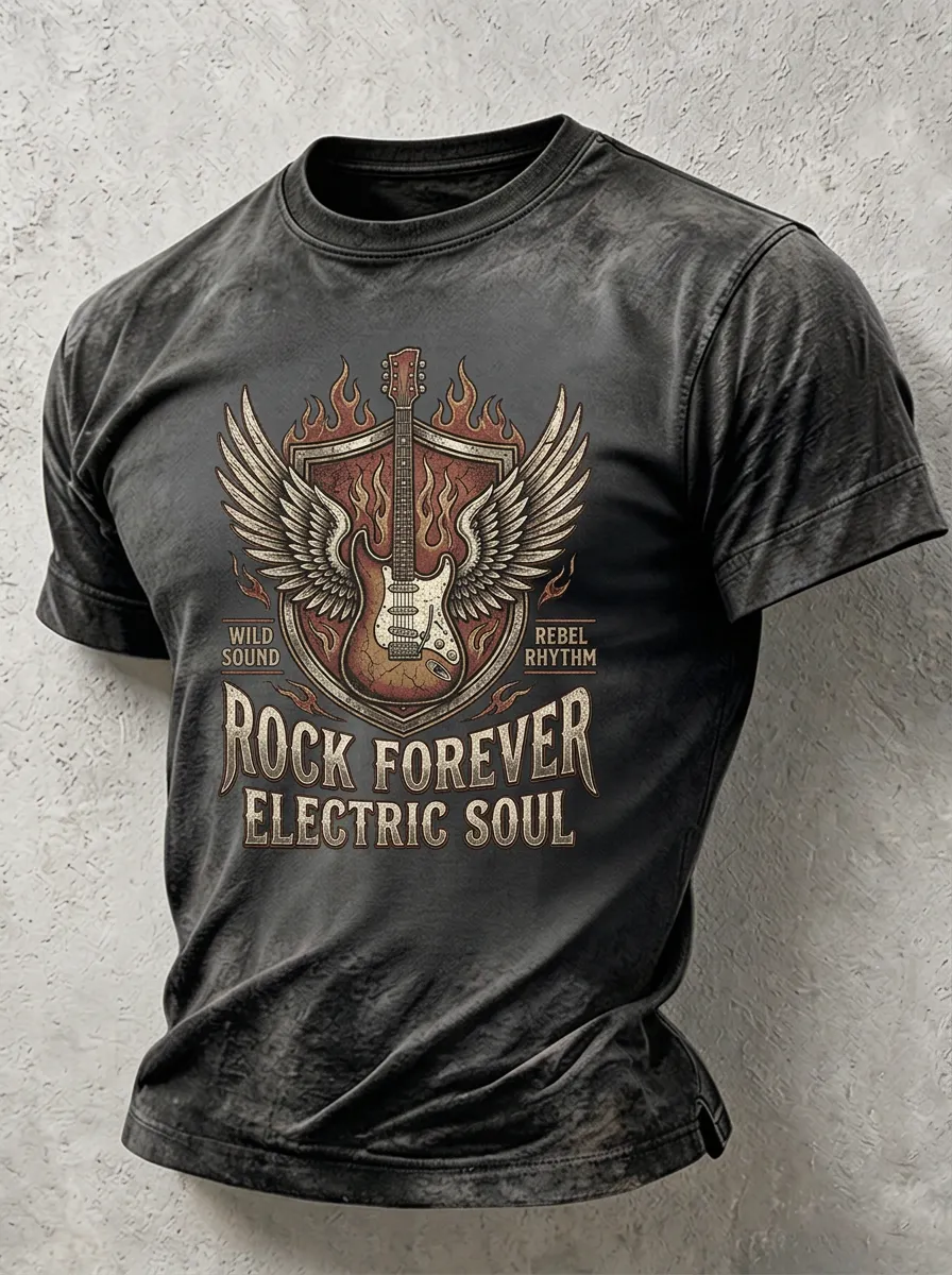 Men's Rock Music Lover Winged Electric Guitar Printed T-shirt