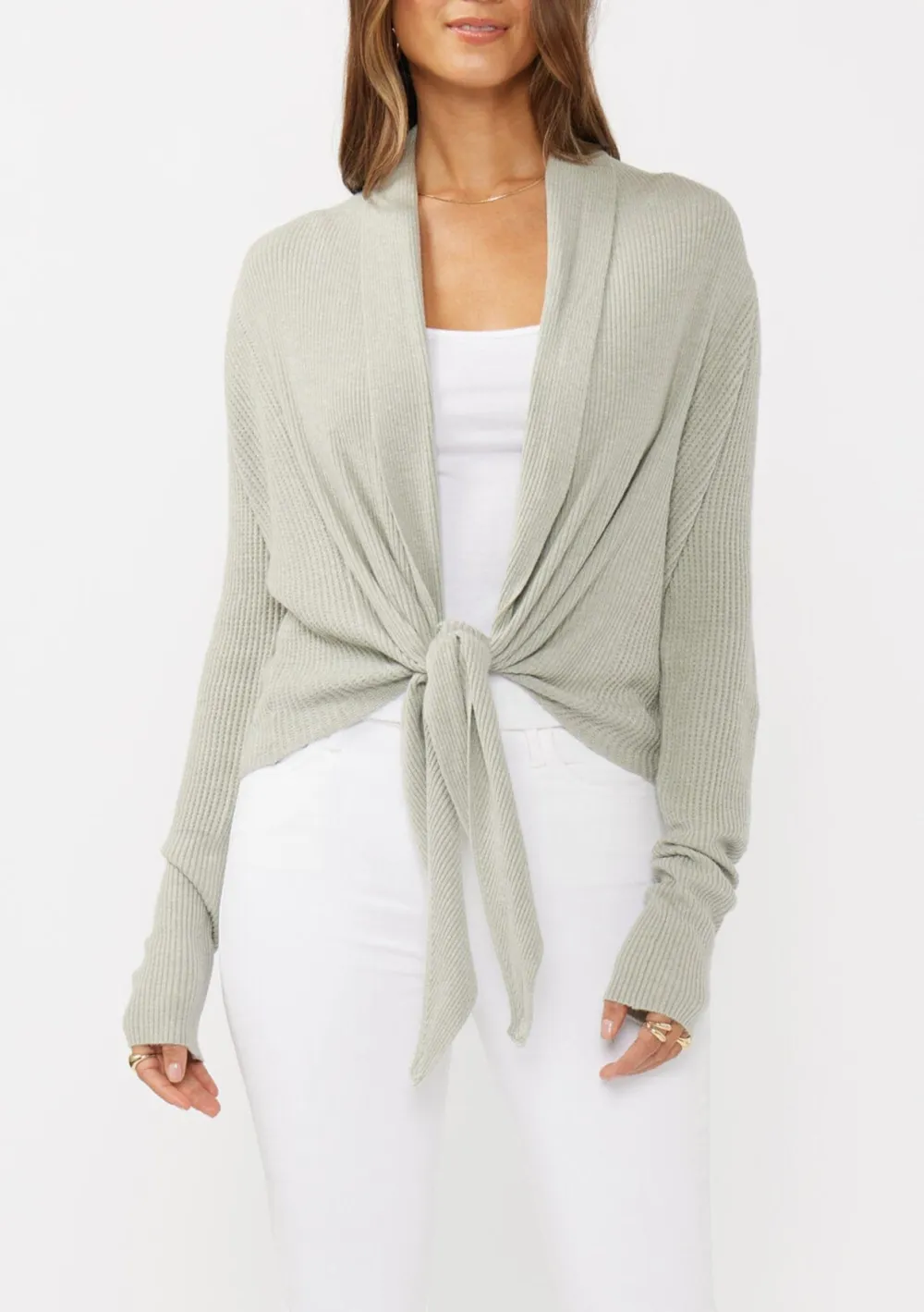 Ribbed Tie Front Long Sleeve Cardigan
