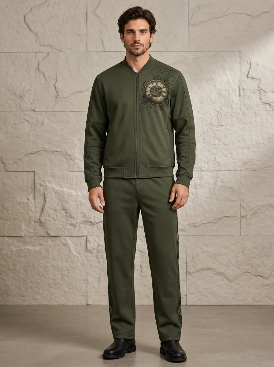 Men's Spider-Clock Contrast-Detail Bomber-Jacket & Track-Pants Two-Piece Set