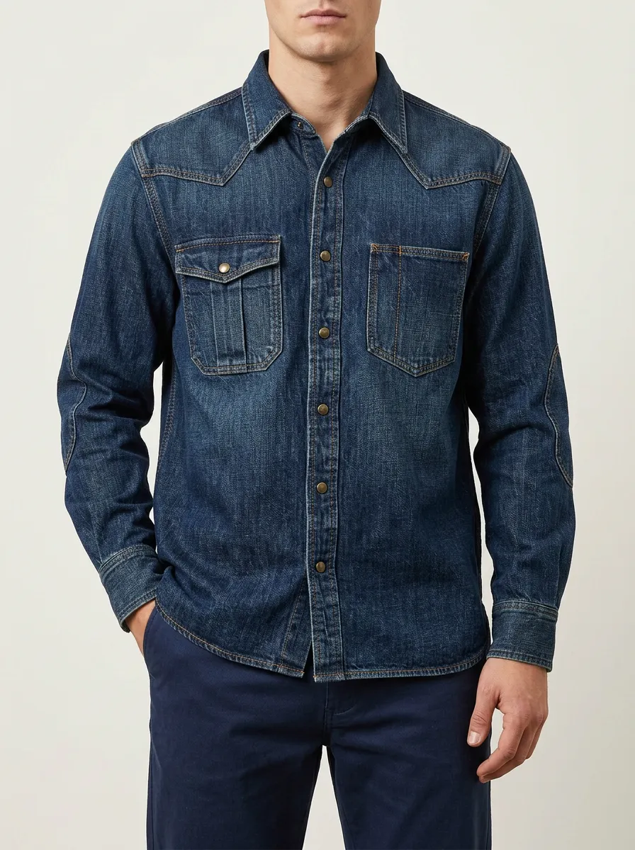 Denim Shirt with Front Opening and Vintage-Washed Finish