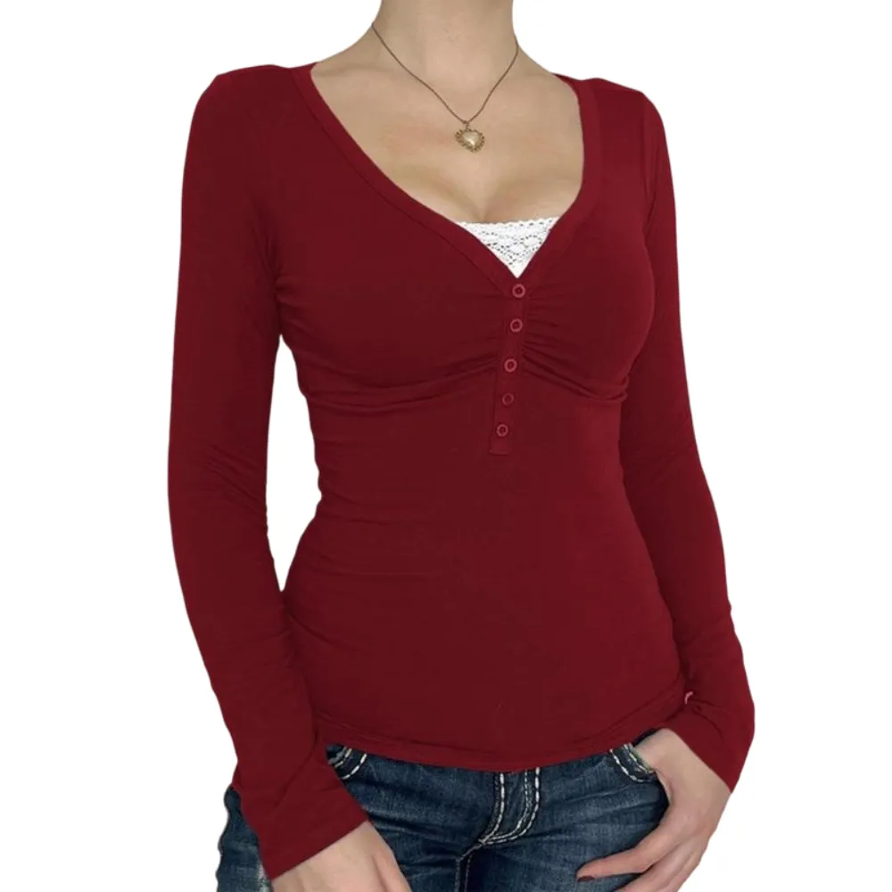 Women's Contrast Lace Button V Neck Tee