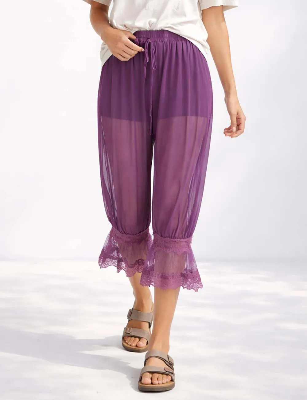 Sheer Lace Trim Bloomer Drawstring Waist Capri Pants