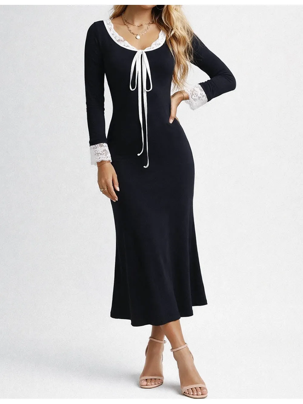 Lace Neck Long Sleeves Bow Midi Dress