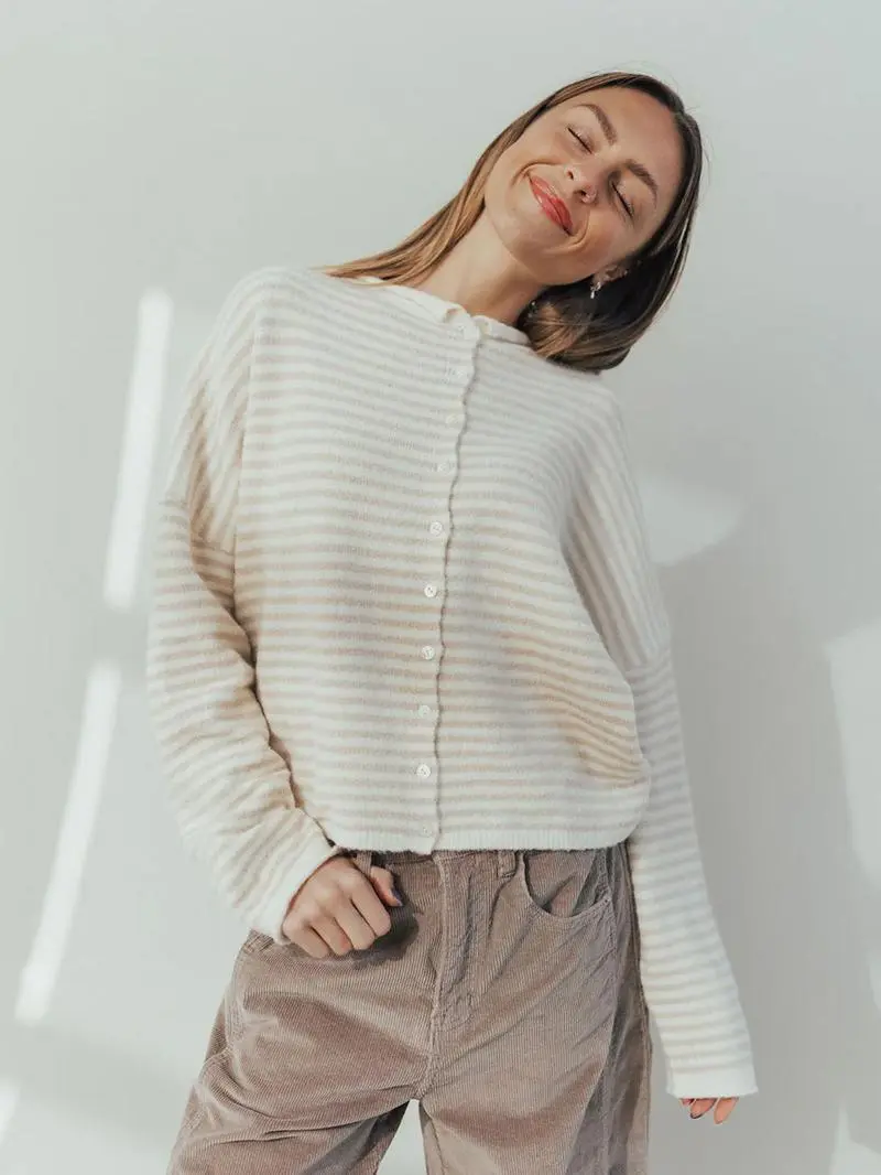 Women's Striped Casual Long Sleeve Loose Knit Sweater, Lightweight Fall & Winter Fashion, Button Front Open Front Design