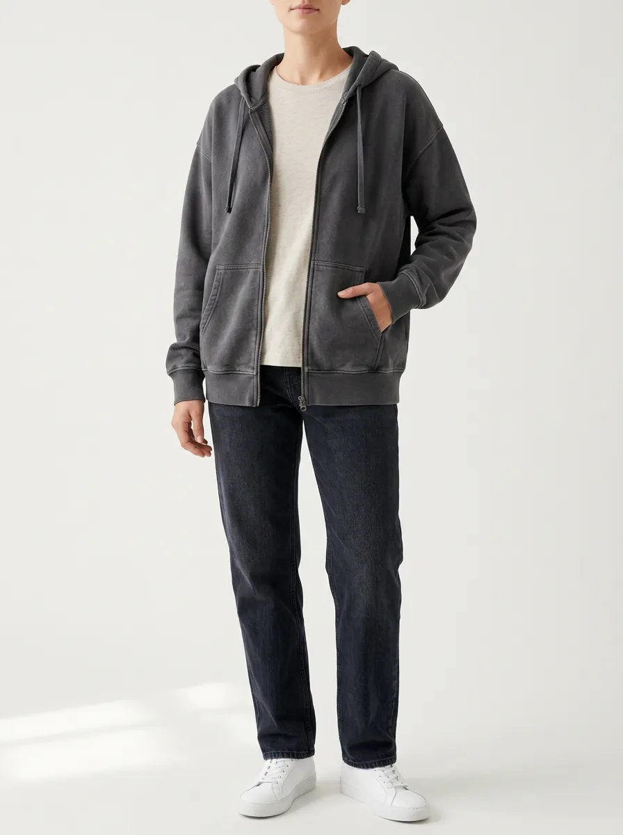Vintage-Wash Plain Zip-Up Unisex Zip-Up Hooded Jacket