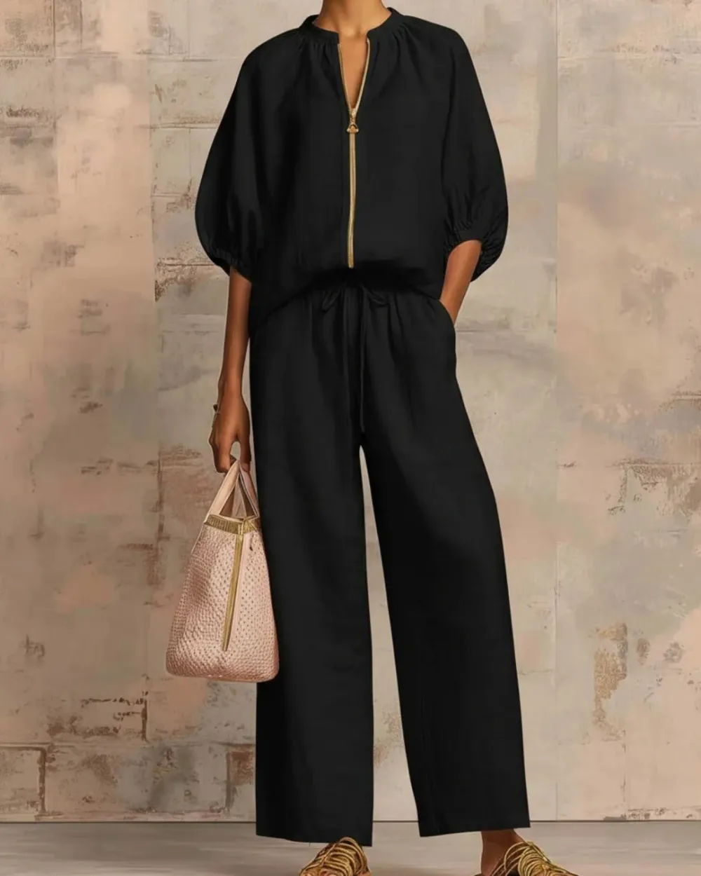Knitted Fabric Blouse and Long Pants Two-Piece Outfit with Flounce Sleeves