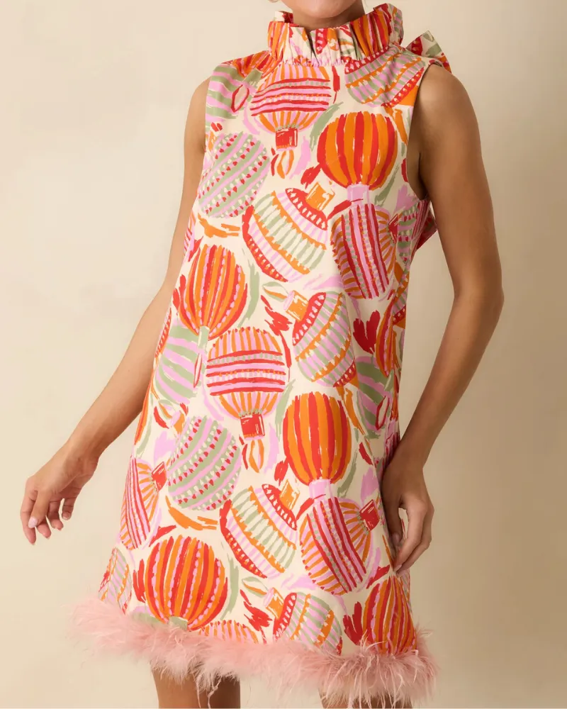 Ruffled Printed Mini Tie Detail Dress